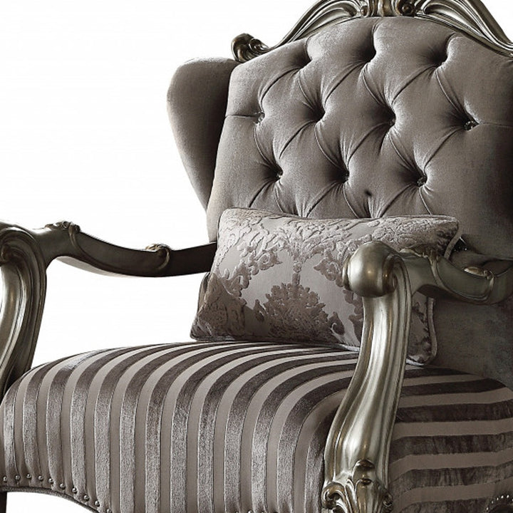 33" Gray And Platinum Velvet Striped Tufted Wingback Chair