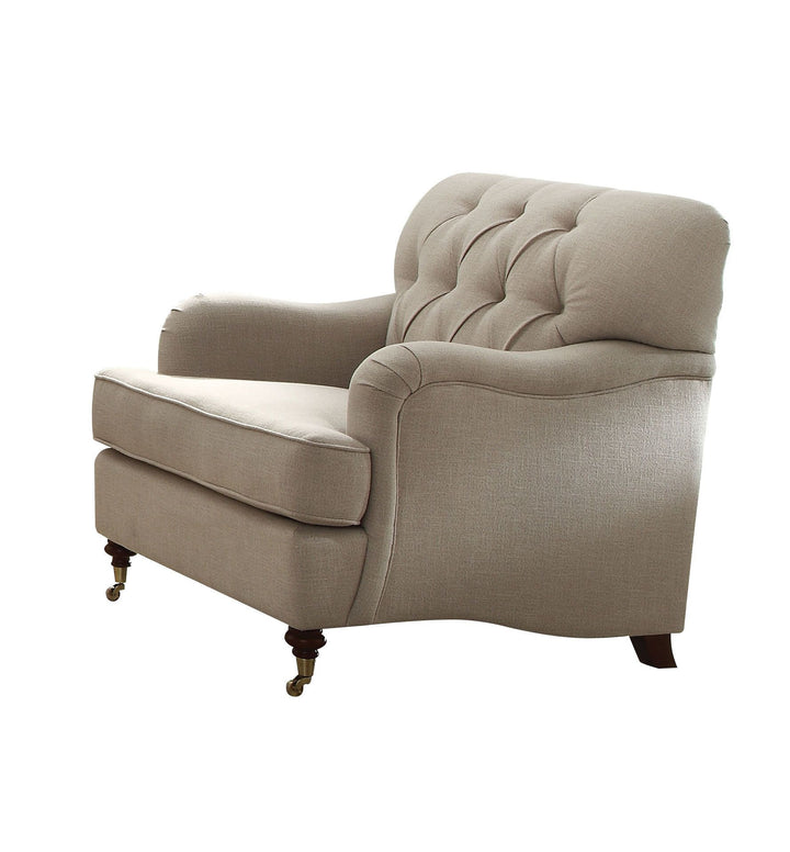 35" Beige and Dark Brown Fabric Tufted Arm Chair