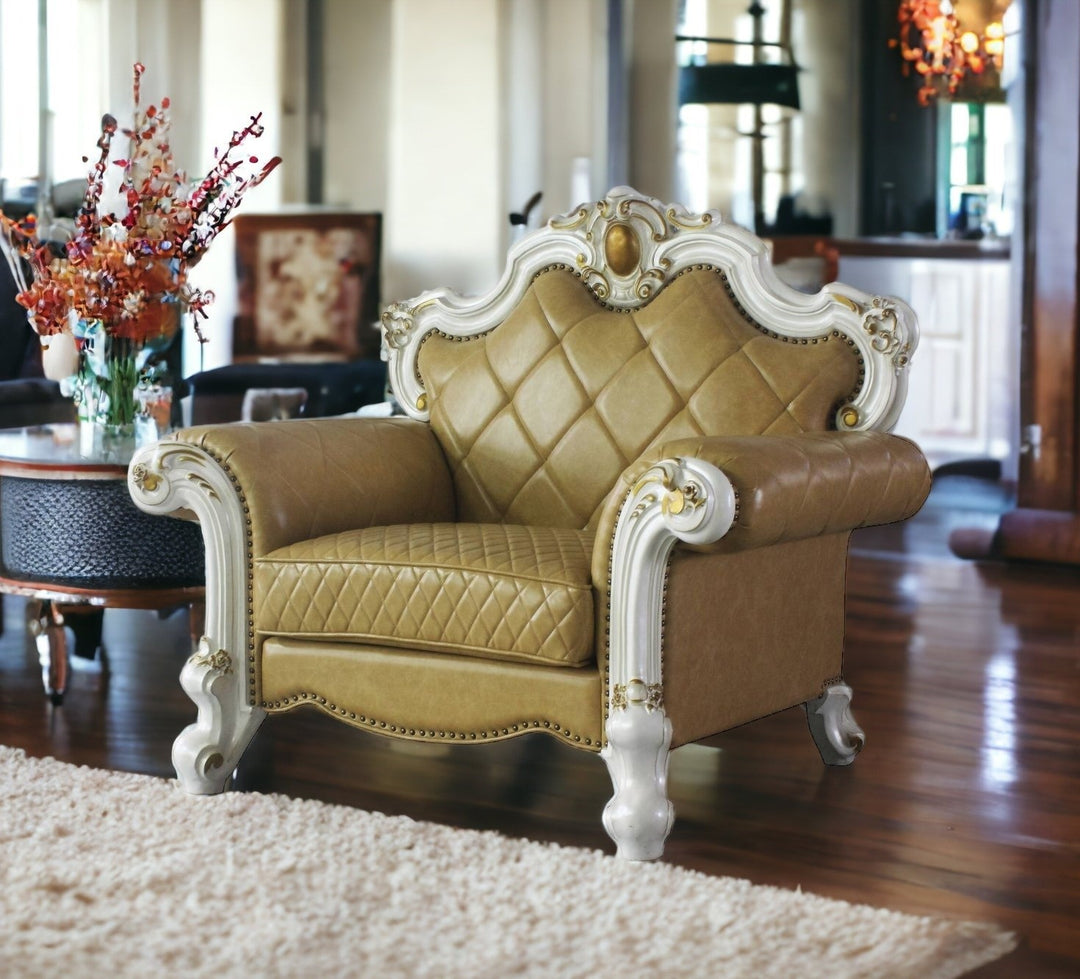 50" Beige and Pearl Faux Leather Tufted Arm Chair