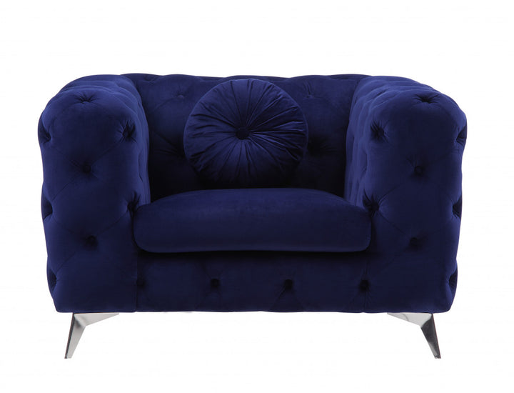 41" Blue Fabric And Black Tufted Arm Chair