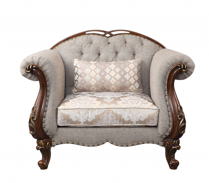 48" Beige Fabric And Cherry Floral Arm Chair