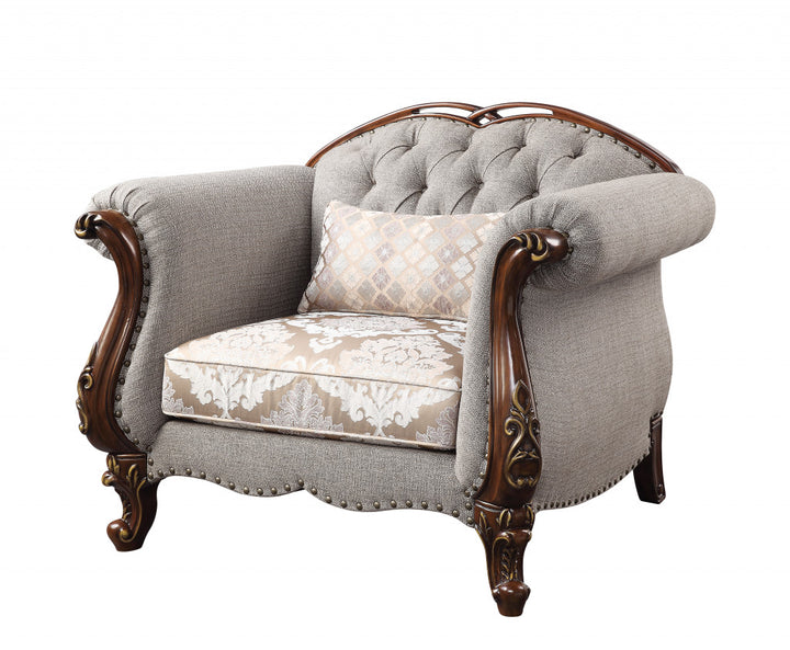 48" Beige Fabric And Cherry Floral Arm Chair