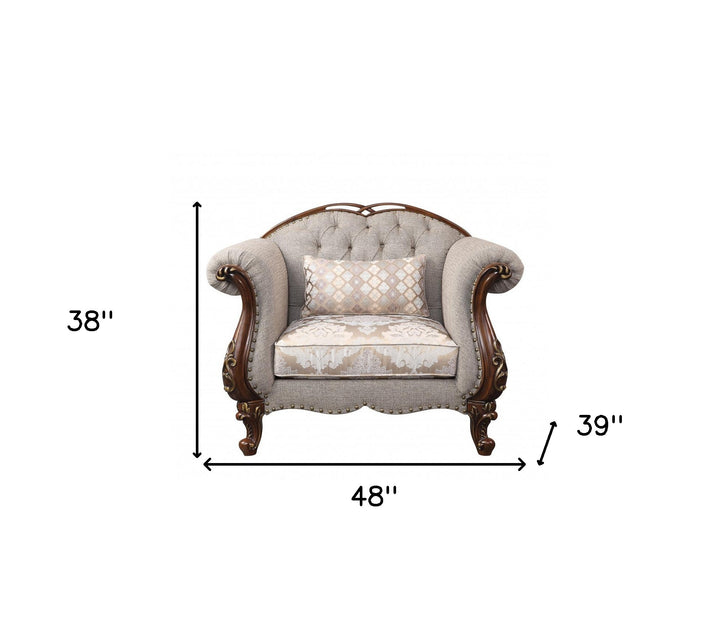 48" Beige Fabric And Cherry Floral Arm Chair