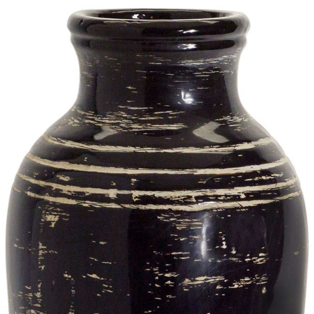 18" Ceramic Black and Ivory Striped Round Floor Vase