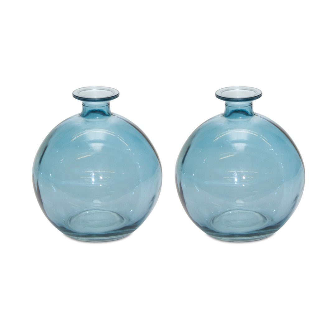 Set of Two Blue Glass Round Table Vase