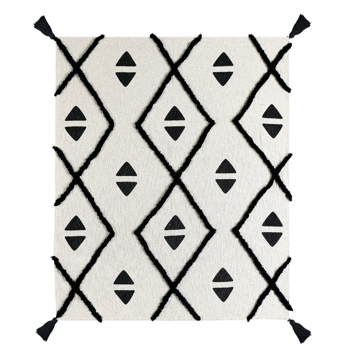 50" X 60" Black and White Woven Cotton Geometric Throw Blanket with Tassels