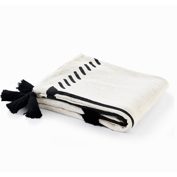 50" X 60" Black and White Woven Cotton Geometric Throw Blanket with Tassels