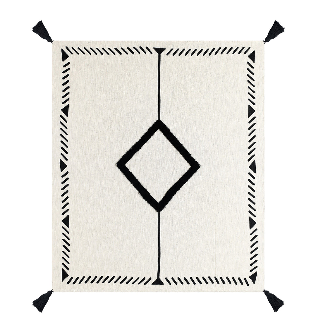 50" X 60" Black and White Woven Cotton Geometric Throw Blanket with Tassels