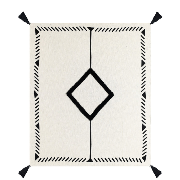 50" X 60" Black and White Woven Cotton Geometric Throw Blanket with Tassels