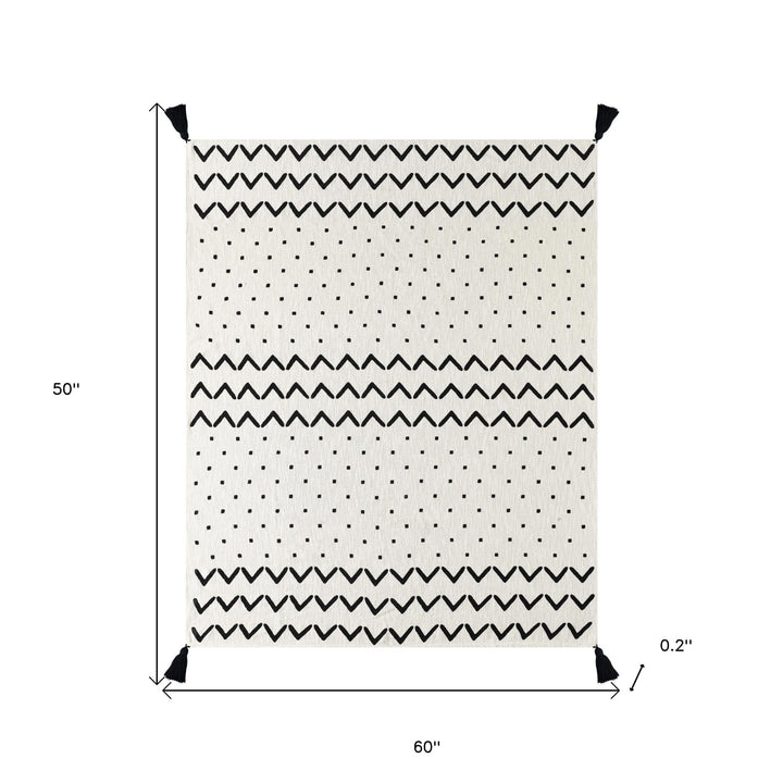 50" X 60" Black and White Woven Cotton Chevron Throw Blanket with Tassels