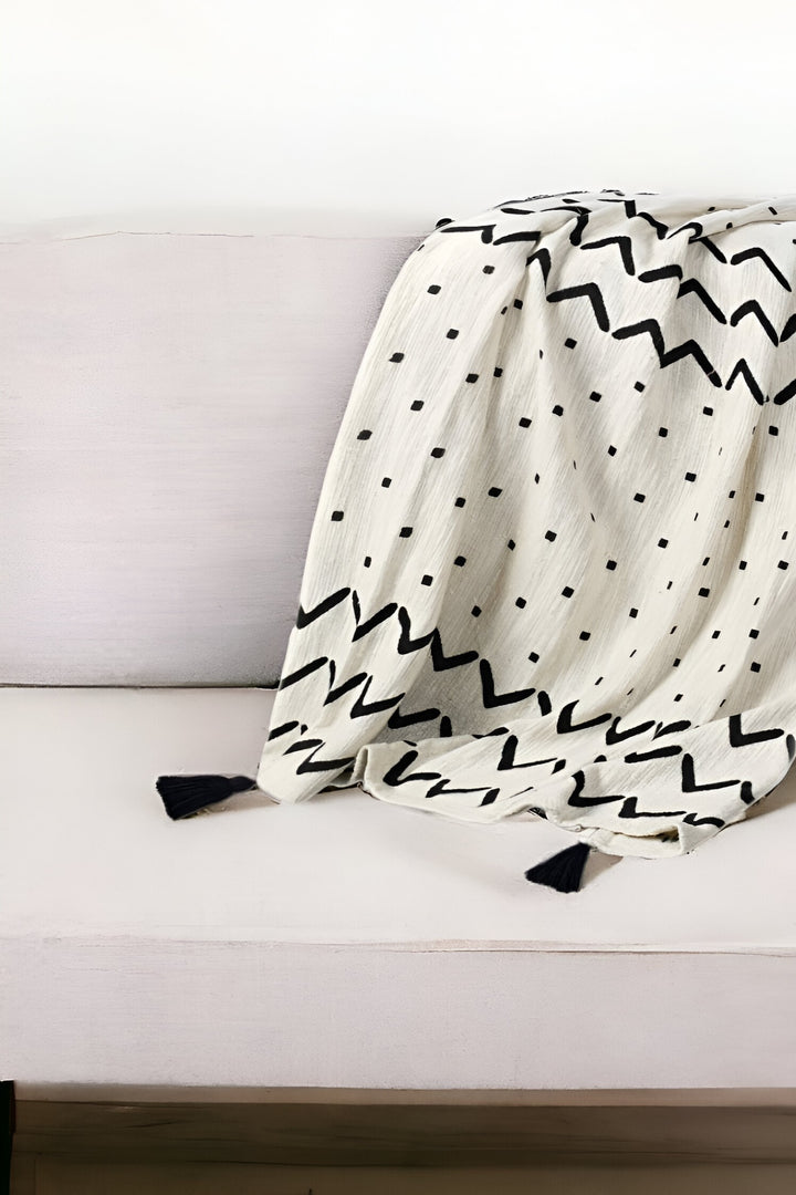 50" X 60" Black and White Woven Cotton Chevron Throw Blanket with Tassels