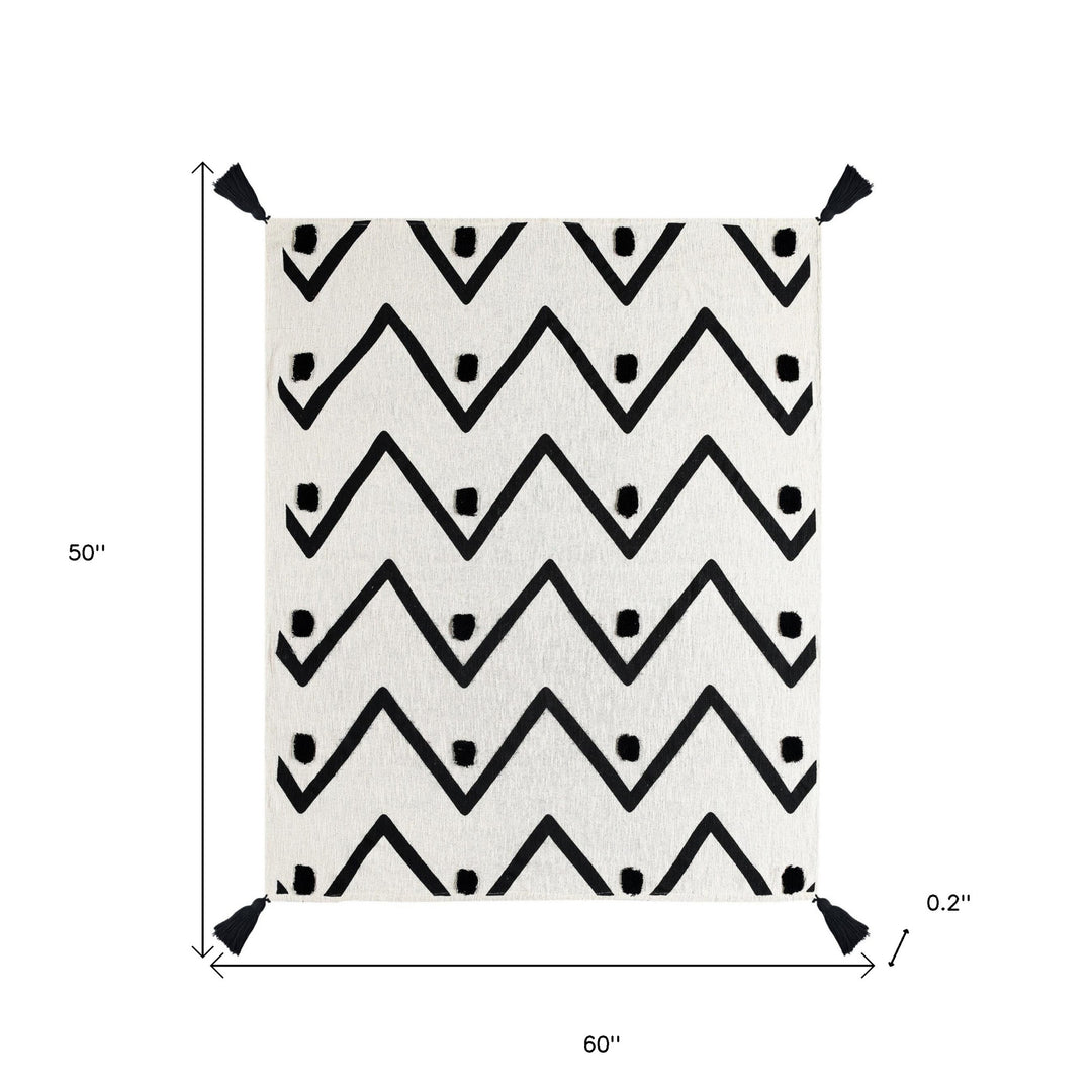 50" X 60" Black and White Woven Cotton Chevron Throw Blanket with Tassels