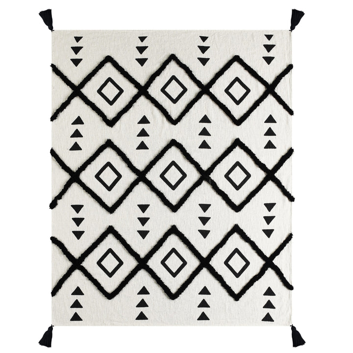 60" X 50" Black and White Woven Cotton Geometric Throw Blanket with Tassels