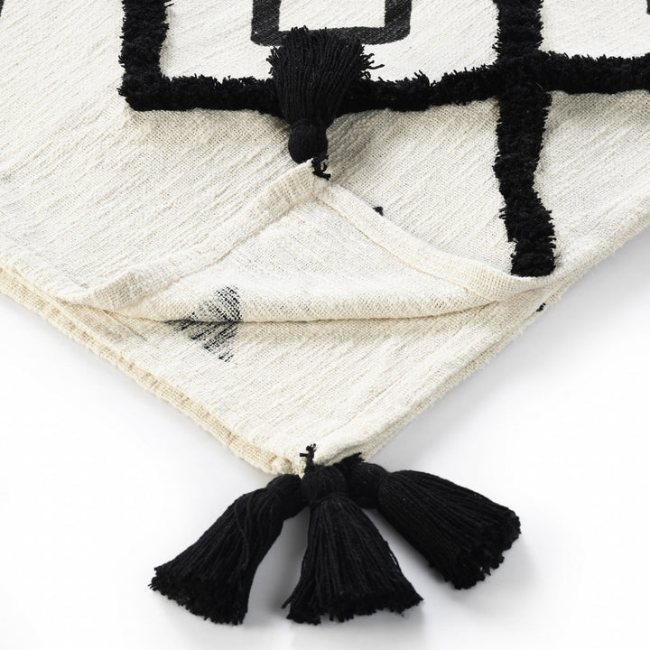 60" X 50" Black and White Woven Cotton Geometric Throw Blanket with Tassels