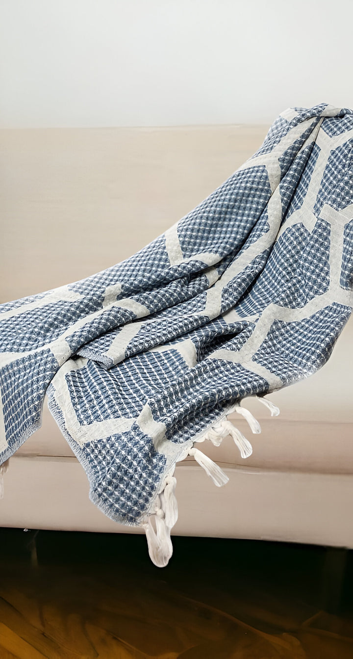 60" X 50" Blue and Off White Woven Cotton Geometric Throw Blanket with Fringe