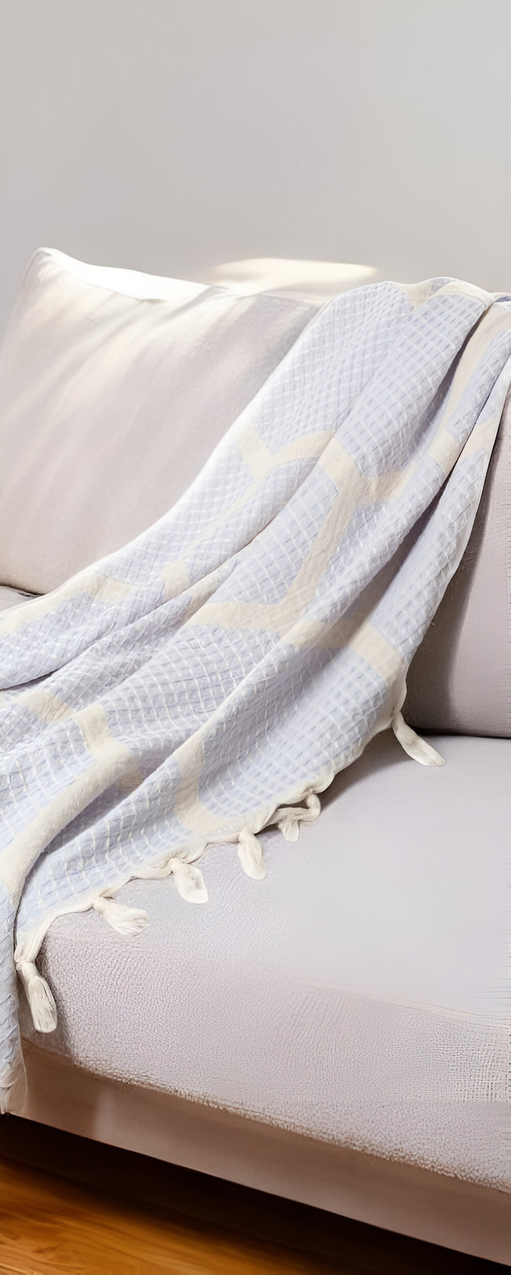 60" X 50" Blue and Off White Woven Cotton Geometric Throw Blanket with Fringe