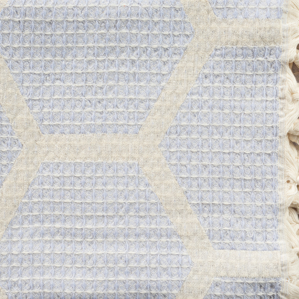 60" X 50" Blue and Off White Woven Cotton Geometric Throw Blanket with Fringe