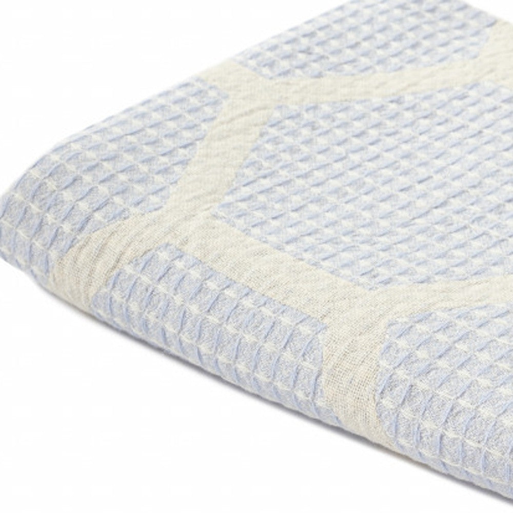 60" X 50" Blue and Off White Woven Cotton Geometric Throw Blanket with Fringe