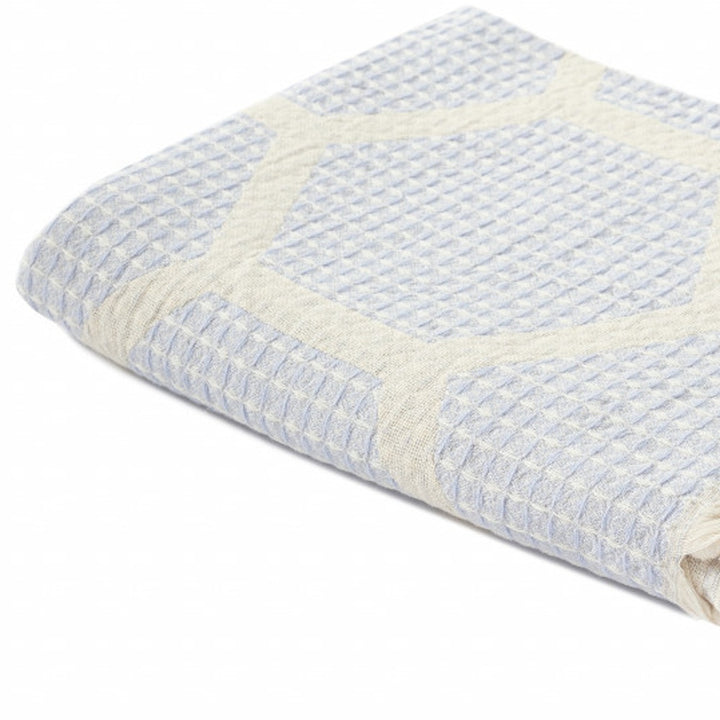 60" X 50" Blue and Off White Woven Cotton Geometric Throw Blanket with Fringe