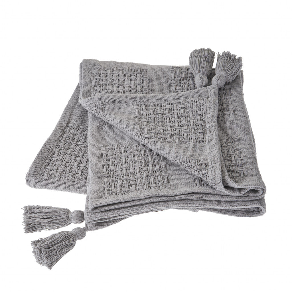 50" X 60" Gray Woven Cotton Throw Blanket with Tassels