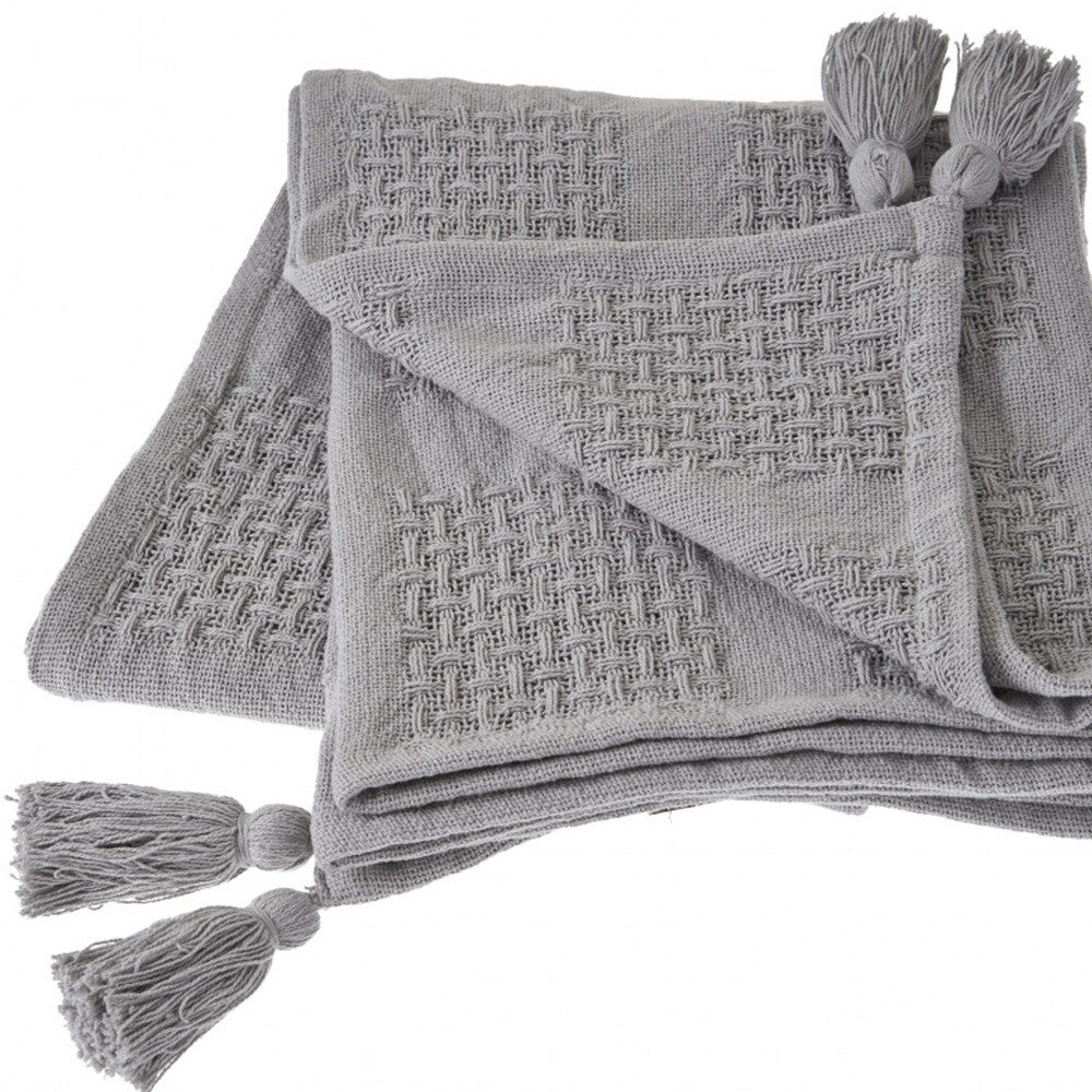 50" X 60" Gray Woven Cotton Throw Blanket with Tassels