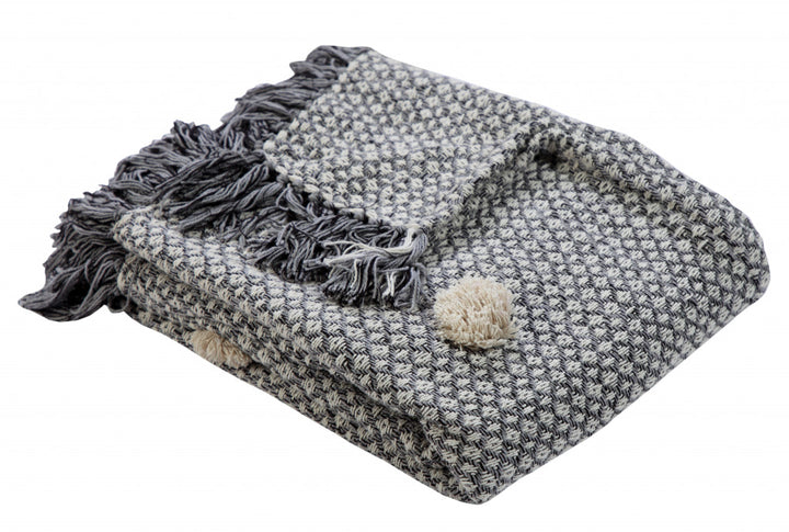 50" X 60" Gray Woven Cotton Houndstooth Throw Blanket with Pom Poms