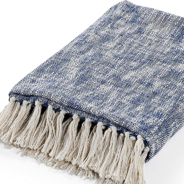 50" X 60" Blue and White Woven Cotton Throw Blanket with Fringe