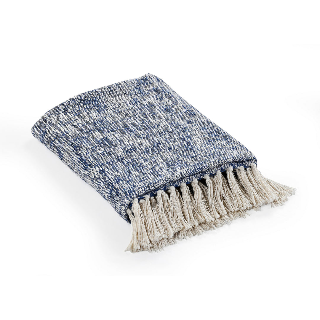 50" X 60" Blue and White Woven Cotton Throw Blanket with Fringe