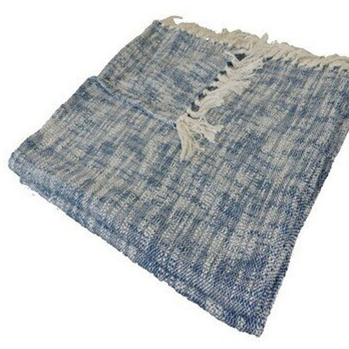 50" X 60" Blue and White Woven Cotton Throw Blanket with Fringe