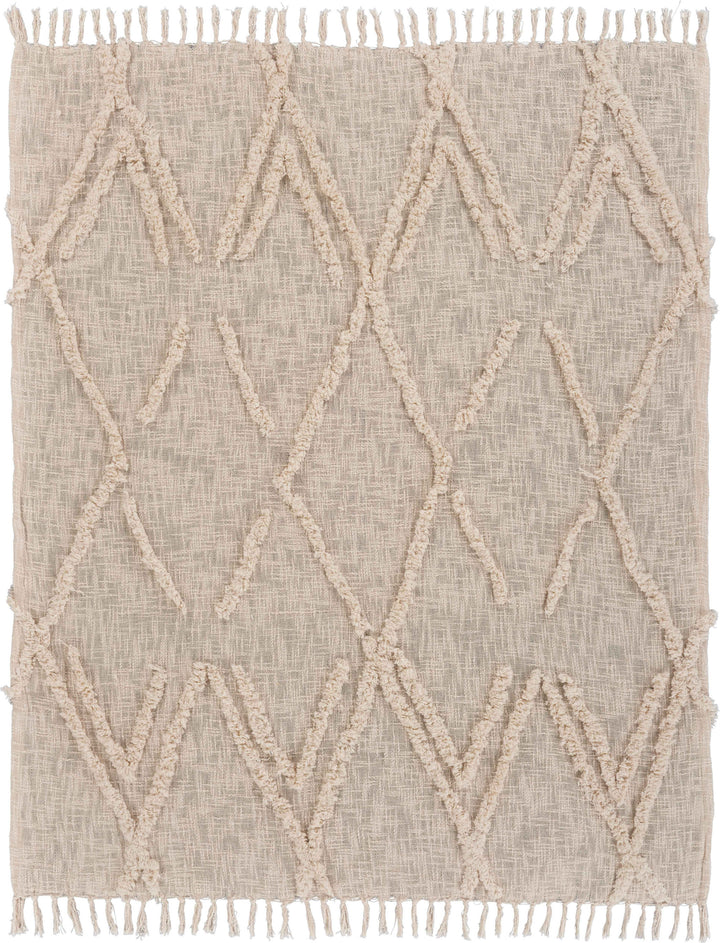 60" X 50" Beige Woven Cotton Geometric Throw Blanket with Fringe