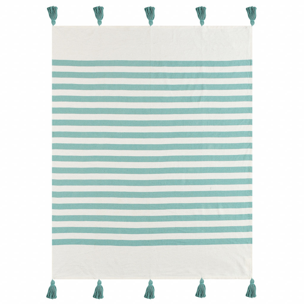 50" X 60" Blue and White Woven Cotton Striped Throw Blanket with Tassels