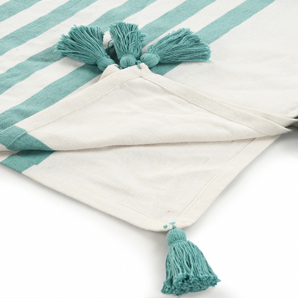 50" X 60" Blue and White Woven Cotton Striped Throw Blanket with Tassels