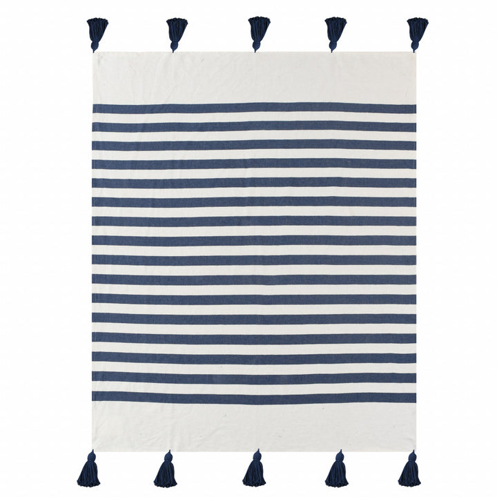 50" X 60" Blue and White Woven Cotton Striped Throw Blanket with Tassels