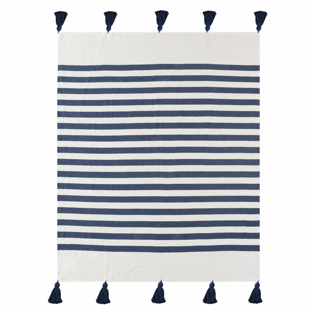 50" X 60" Blue and White Woven Cotton Striped Throw Blanket with Tassels