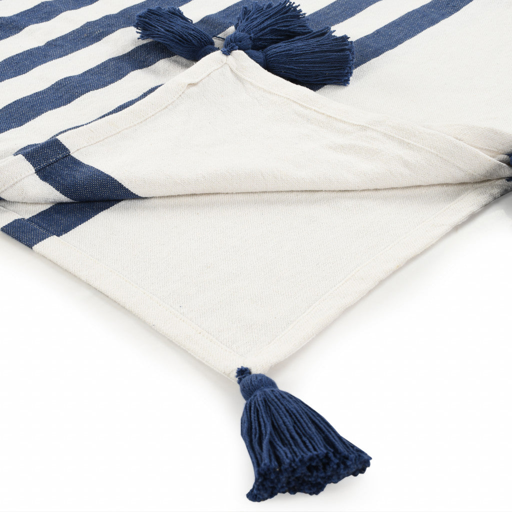 50" X 60" Blue and White Woven Cotton Striped Throw Blanket with Tassels