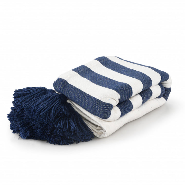 50" X 60" Blue and White Woven Cotton Striped Throw Blanket with Tassels