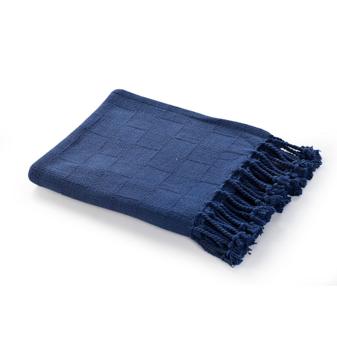 50" X 60" Blue Woven Cotton Throw Blanket with Fringe