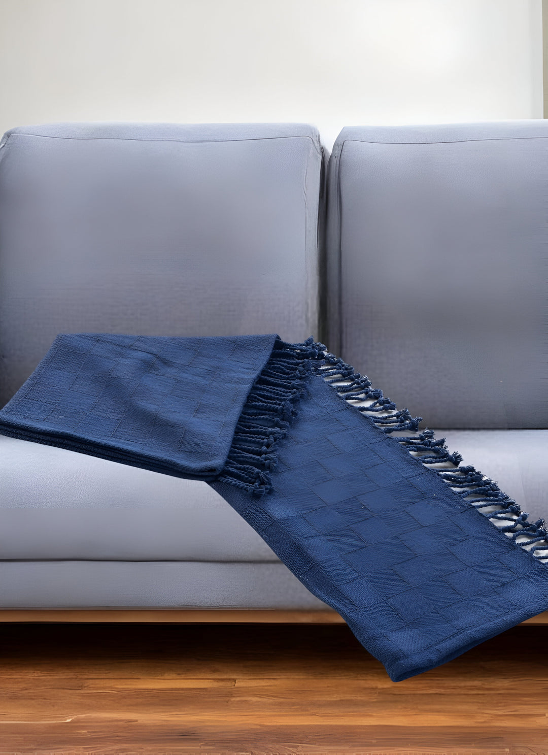 50" X 60" Blue Woven Cotton Throw Blanket with Fringe