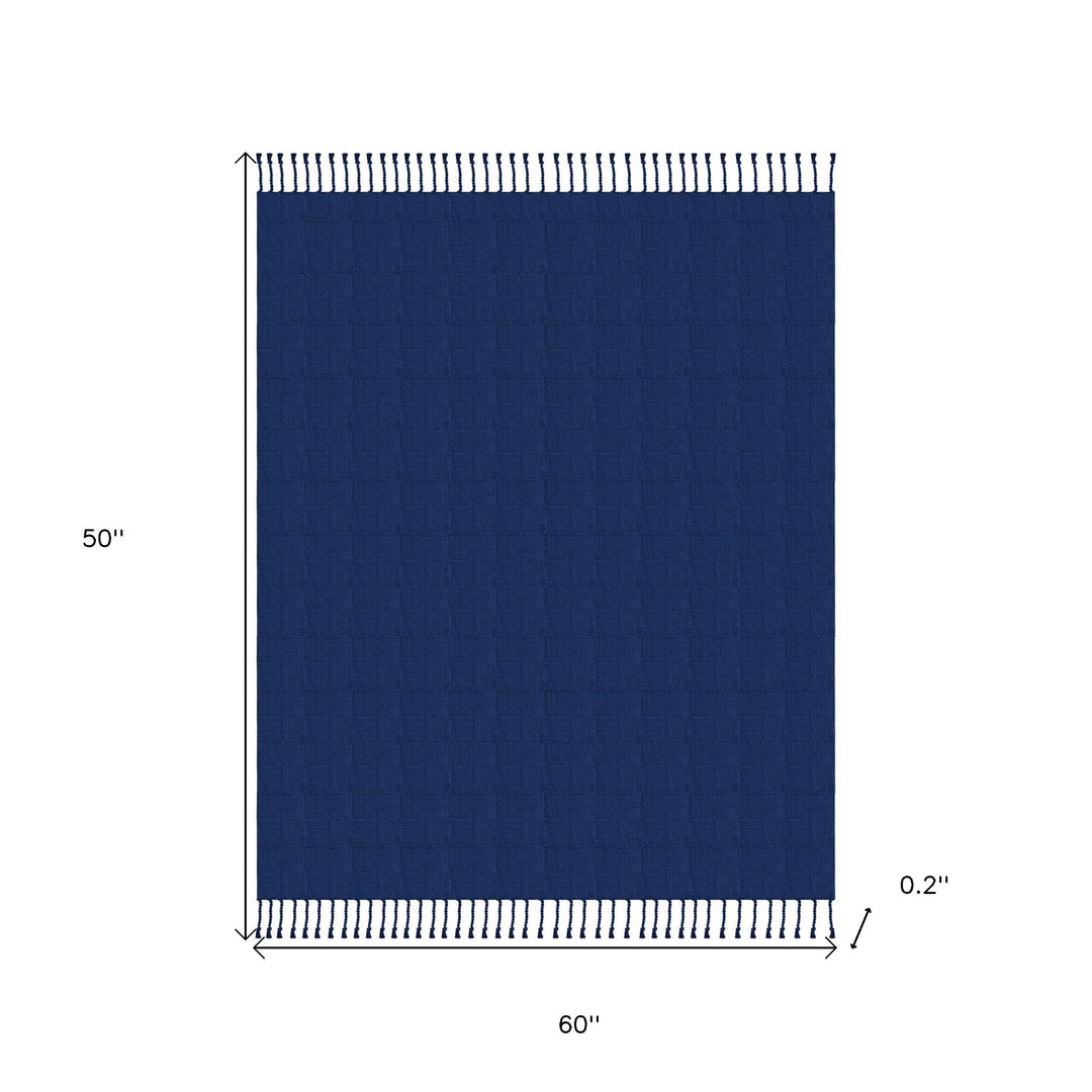 50" X 60" Blue Woven Cotton Throw Blanket with Fringe