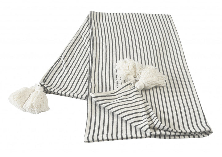 50" X 60" Brown and White Woven Cotton Striped Throw Blanket with Tassels