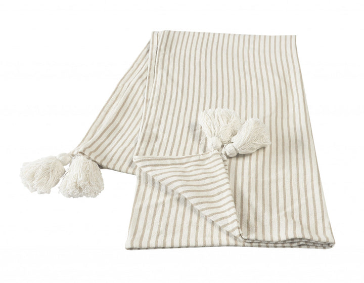 50" X 60" Brown and White Woven Cotton Striped Throw Blanket with Tassels