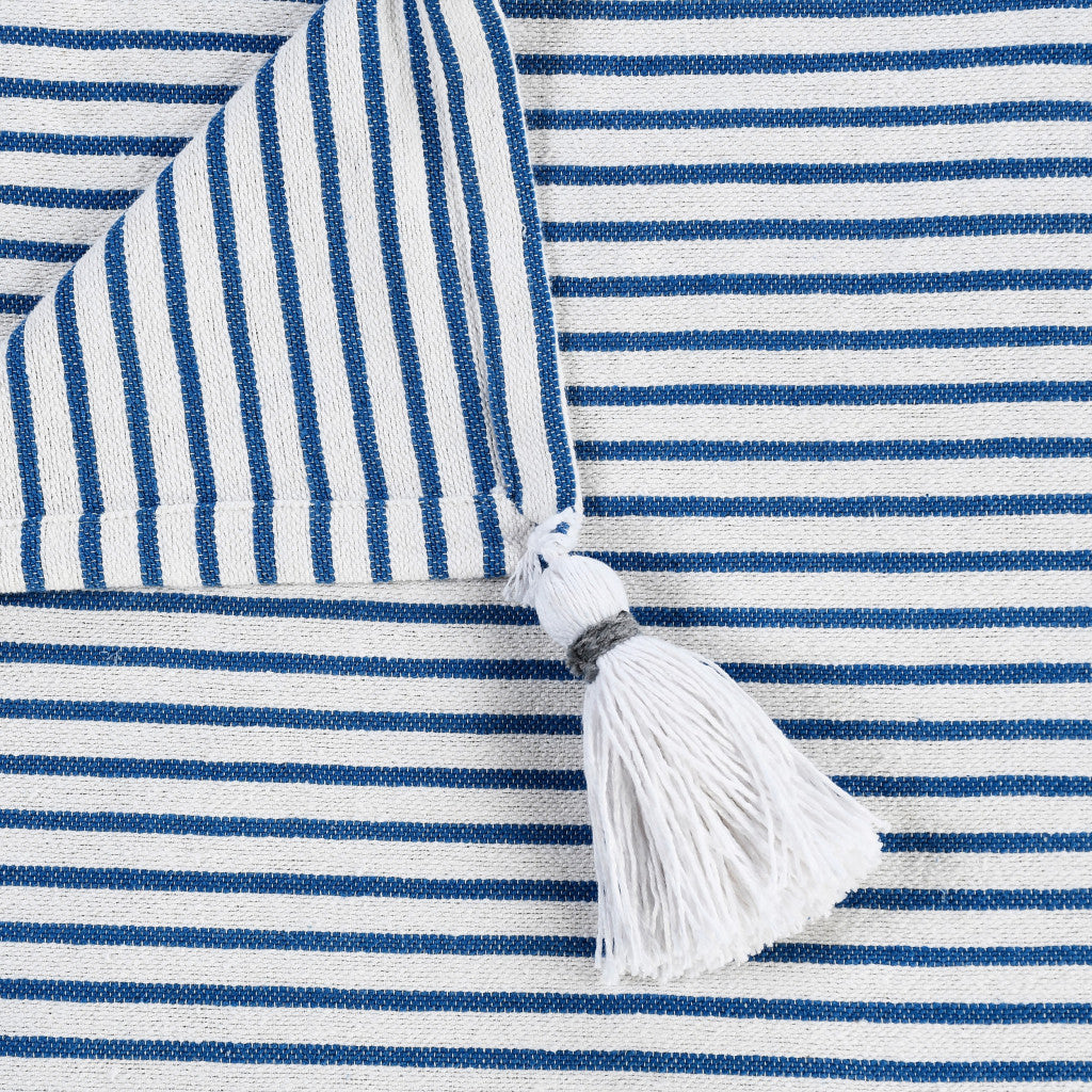 50" X 60" Blue and White Woven Cotton Striped Throw Blanket with Tassels