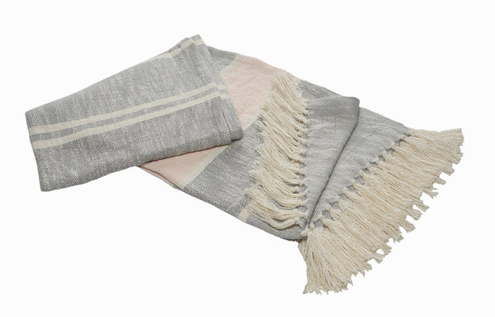 50" X 60" Gray Woven Cotton Striped Throw Blanket with Tassels