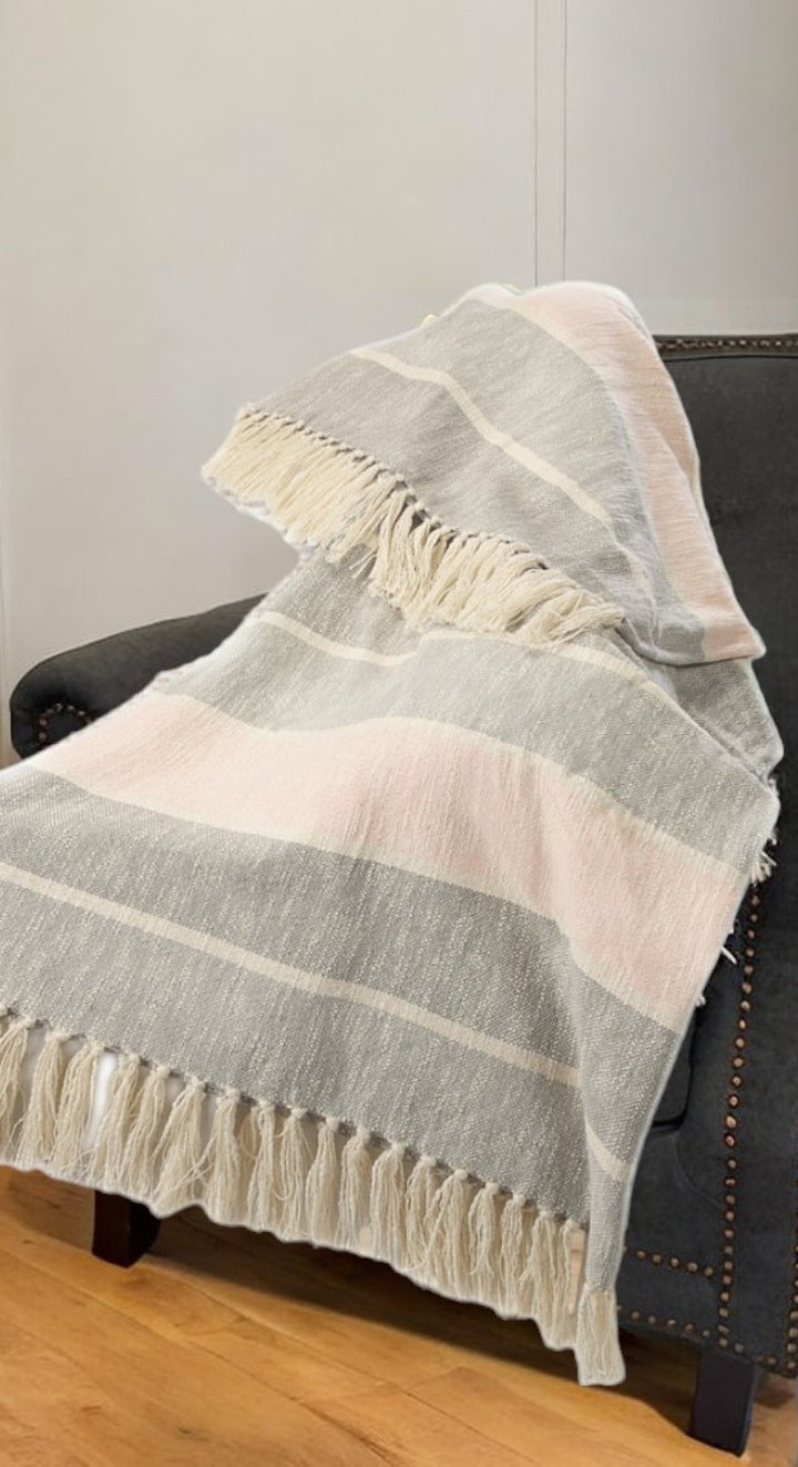 50" X 60" Gray Woven Cotton Striped Throw Blanket with Tassels