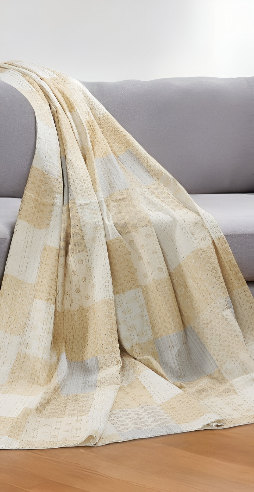 70" X 50" Beige Kantha Cotton Patchwork Throw Blanket with Embroidery