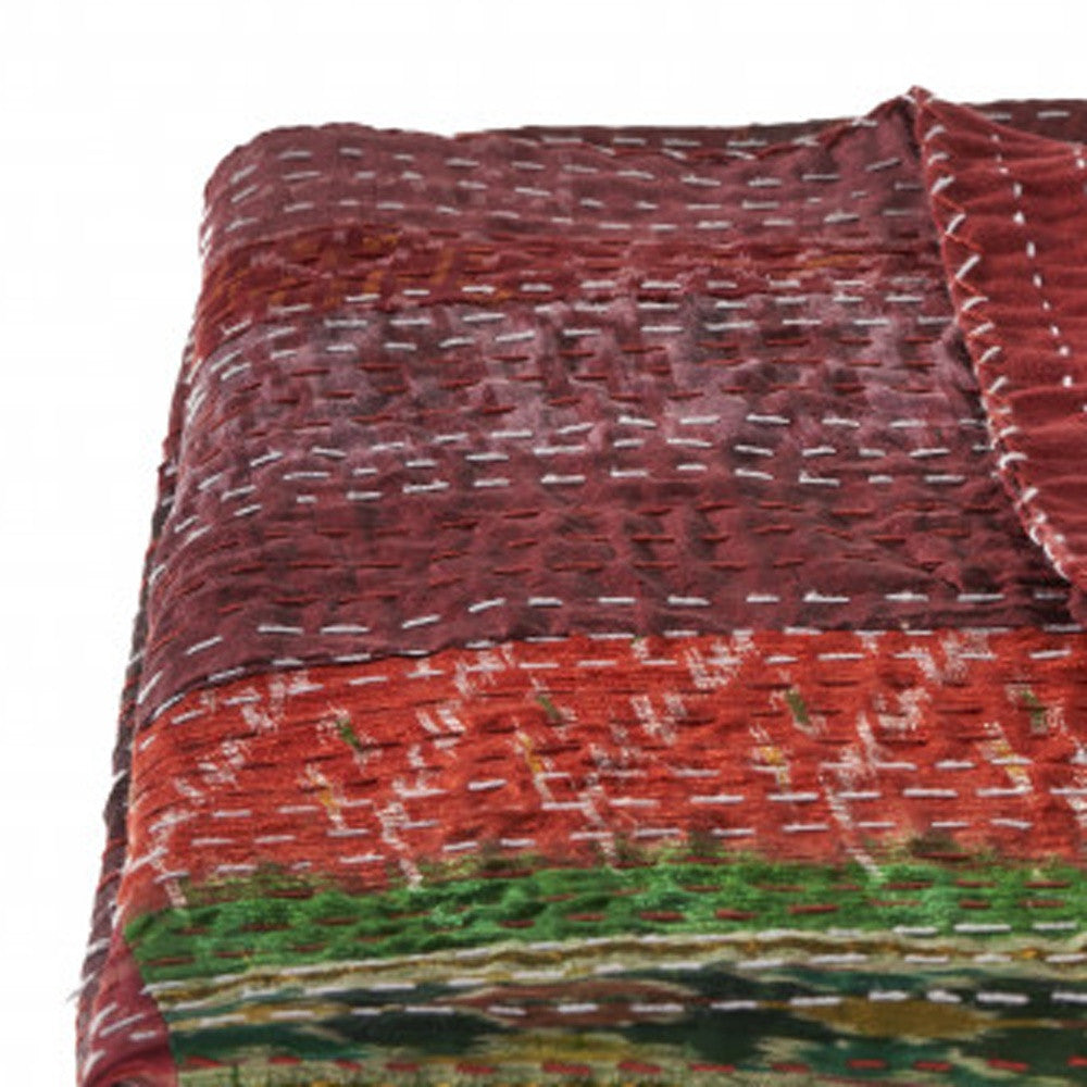 70" X 50" Red Kantha Silk Patchwork Throw Blanket with Embroidery