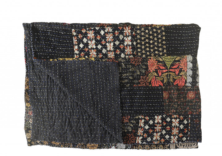 70" X 50" Black Kantha Cotton Patchwork Throw Blanket with Embroidery