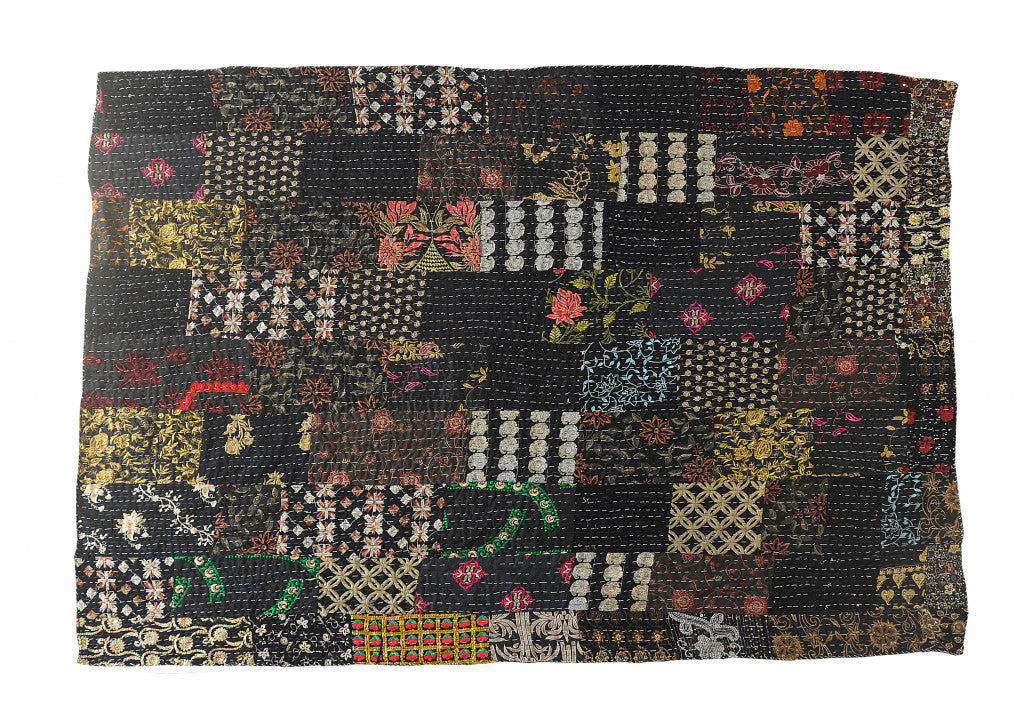 70" X 50" Black Kantha Cotton Patchwork Throw Blanket with Embroidery