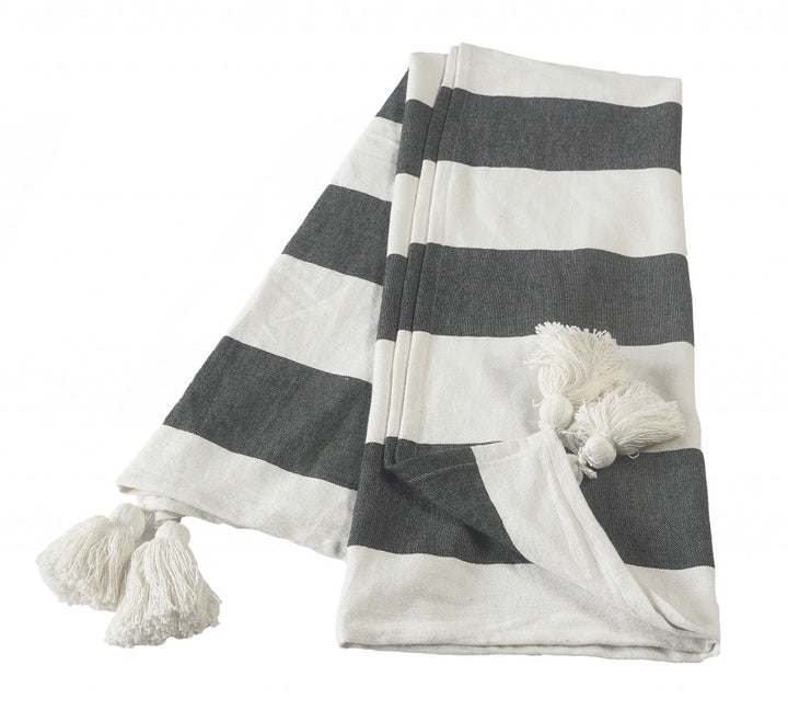 60" X 50" Blue and White Woven Cotton Striped Throw Blanket with Tassels