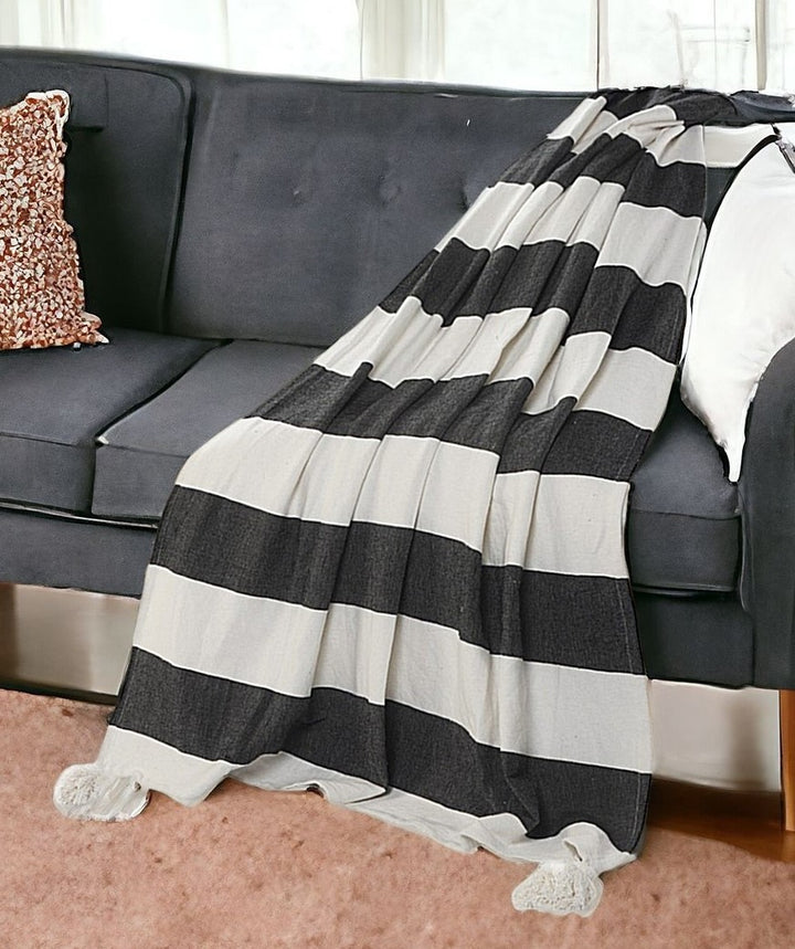 60" X 50" Blue and White Woven Cotton Striped Throw Blanket with Tassels